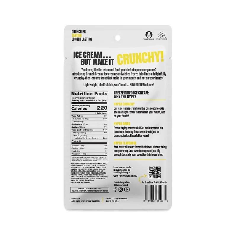 Sow Good Crunch Cream Freeze Dried Ice Cream Vanilla Sandwich 1oz