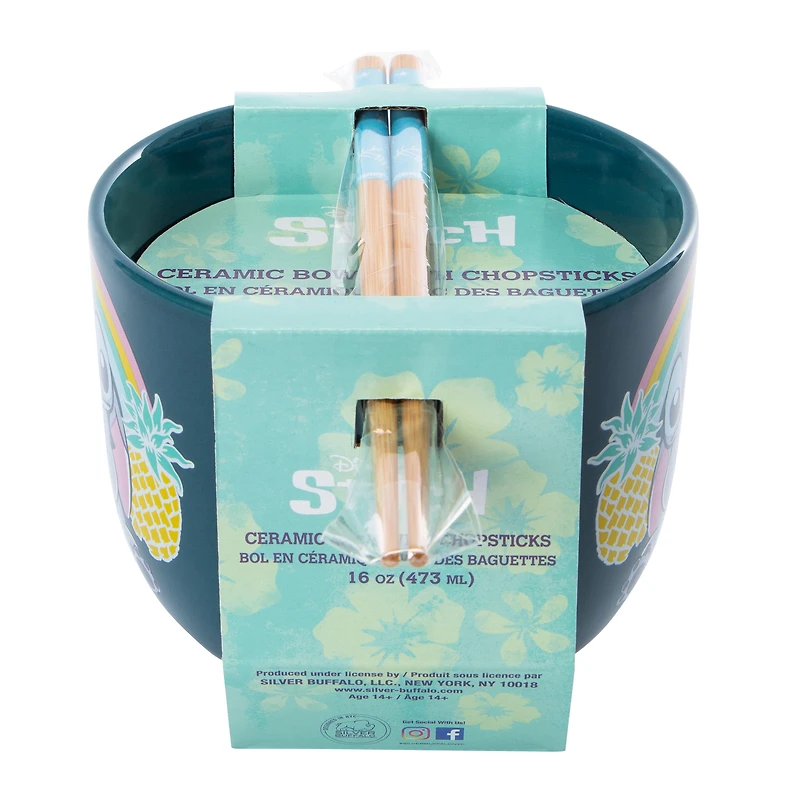 Disney Stitch Pineapple Ceramic Bowl With Chopsticks 16oz