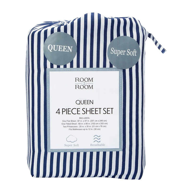Queen Size 4-Piece Sheet Set - Navy Stripe