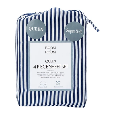 Queen Size 4-Piece Sheet Set - Navy Stripe