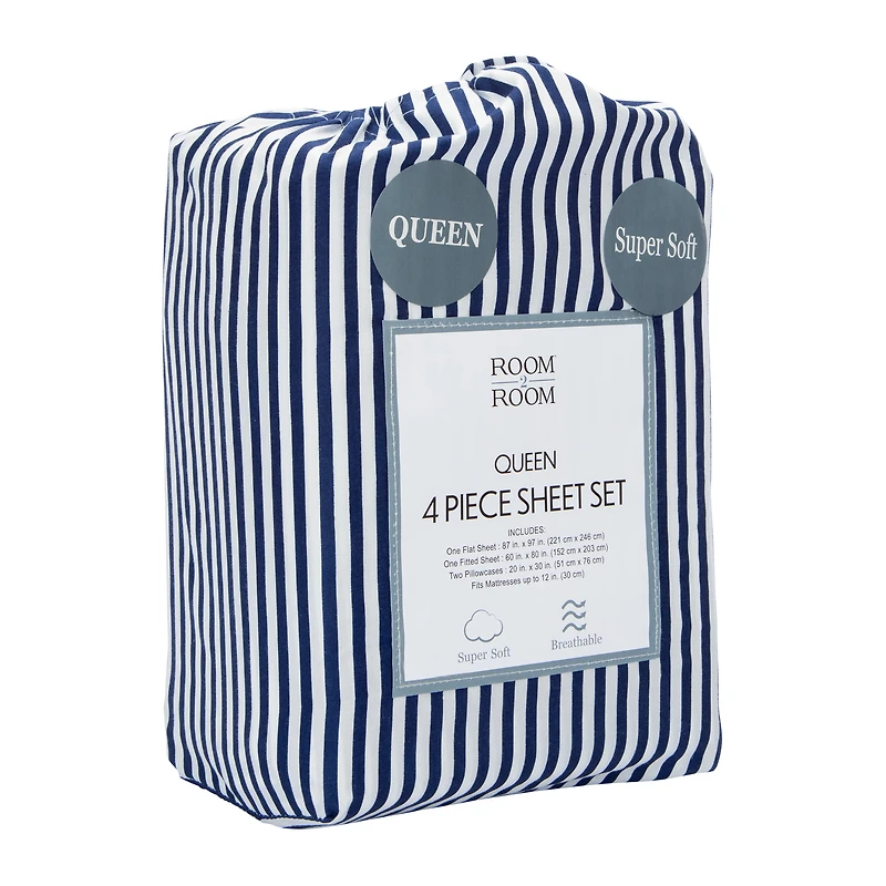 Queen Size 4-Piece Sheet Set - Navy Stripe
