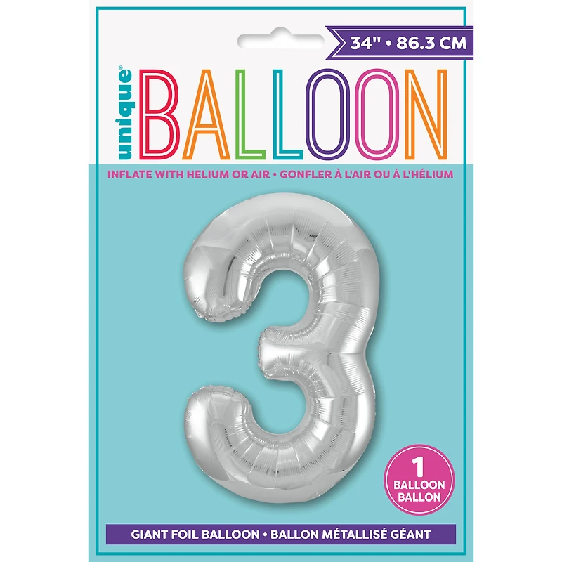 INFLATED Giant Silver Foil Number Balloon 34in