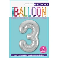 INFLATED Giant Silver Foil Number Balloon 34in
