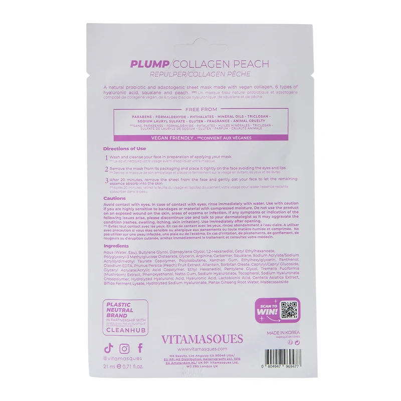 Vitamasques® Plump Collagen Peach Sheet Mask 0.71oz