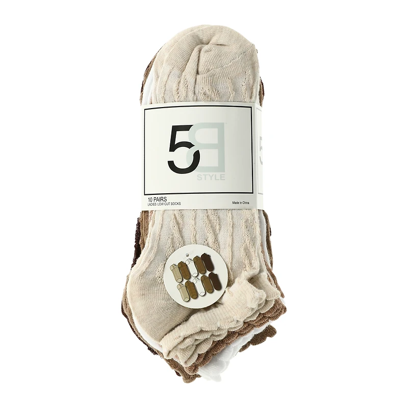 Ladies Brown Cable Knit Low-Cut Socks 10-Pack
