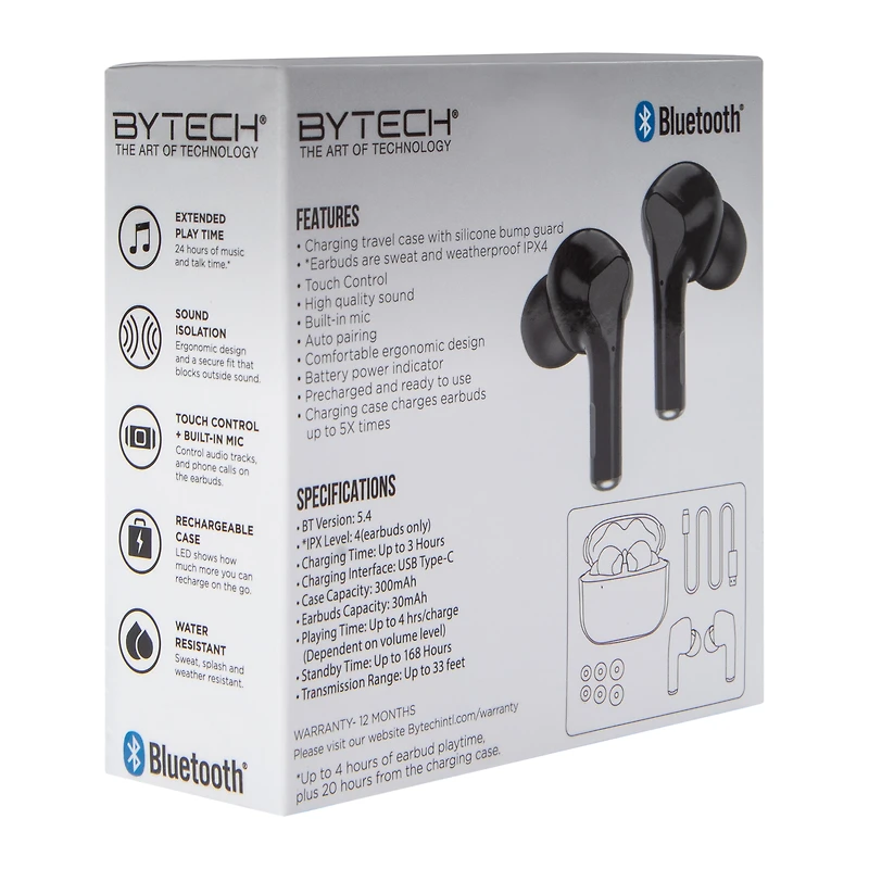 24-Hour True Wireless Earbuds With Mic & Case