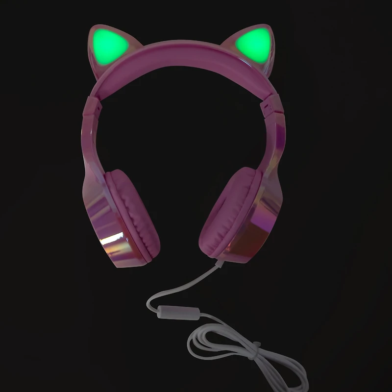 LED Light-Up Panda Ear Wired Headphones With Mic
