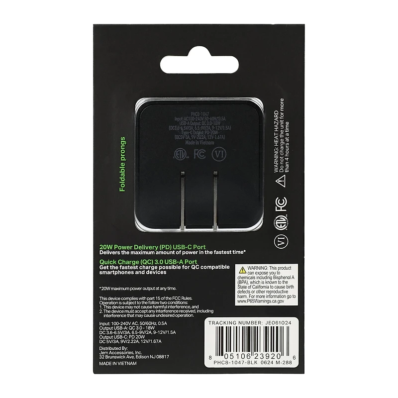 20W Power Delivery & Quick Charge USB-C USB Dual Port Wall Charger
