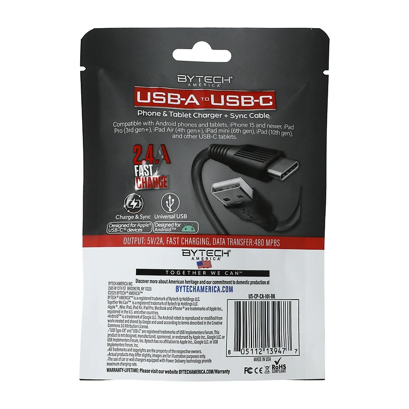 Bytech® USB-A To USB-C Phone & Tablet Charger + Cable