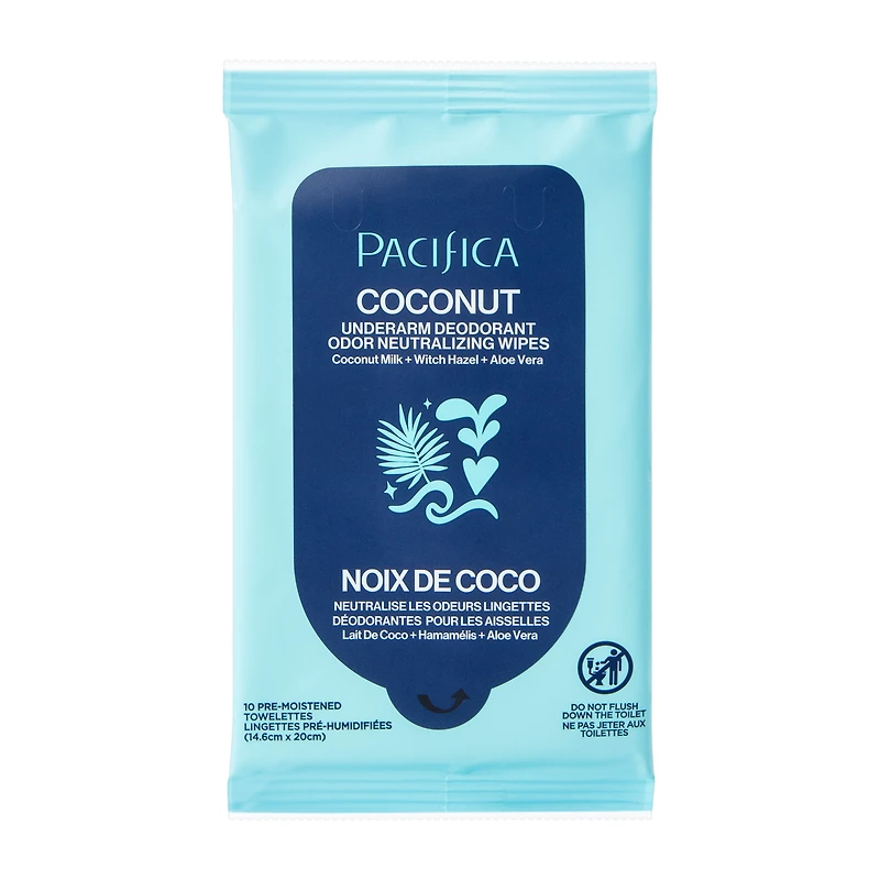 Pacifica Coconut Underarm Deodorant Odor Neutralizing Wipes 10-Count
