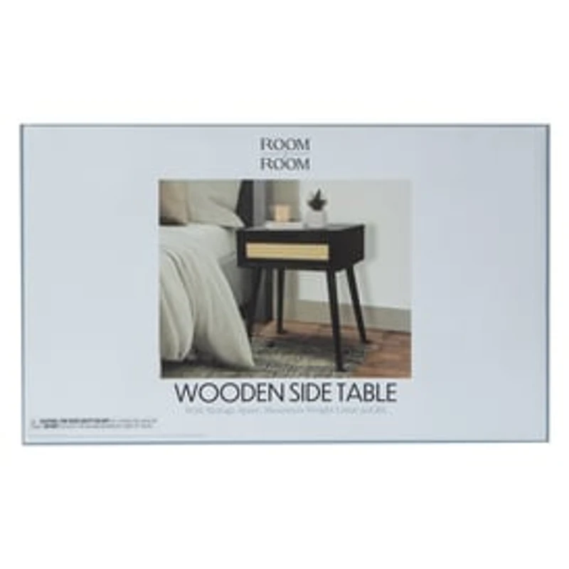 Wooden Side Table With Rattan Cane Accent 20in x 13.58in