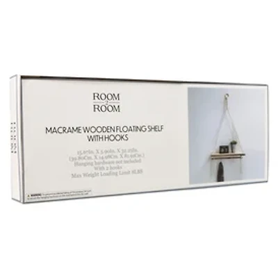 Macrame Wooden Floating Shelf With Hooks 15.6in x 32.25in