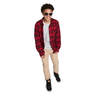 Young Men's Button-Down Flannel Shirt - Red & Black Plaid