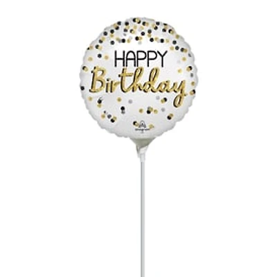 Happy Birthday Confetti Pre-Inflated Stick Balloon 9in