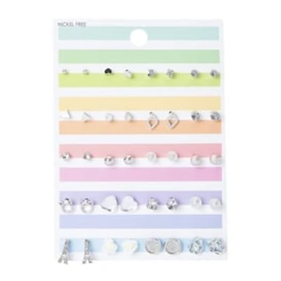 Pastel Stripe Silver Stud Earrings Set, 20 Pairs