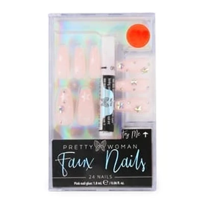 Pretty Woman Faux Nails Set - Pink With Silver Stars