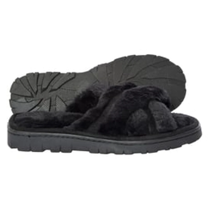 Ladies Cross-Strap Faux Fur Slippers