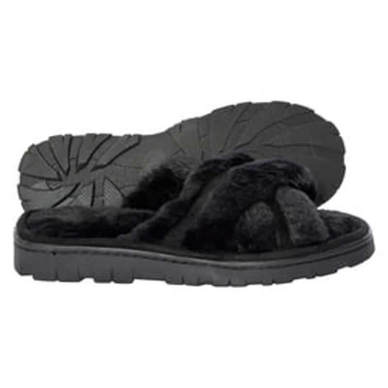 Ladies Cross-Strap Faux Fur Slippers