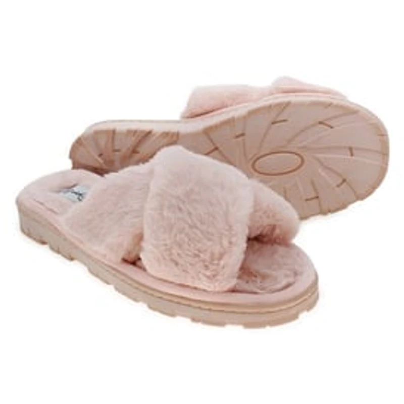 Ladies Faux Fur Slide Sandals - Blush Pink