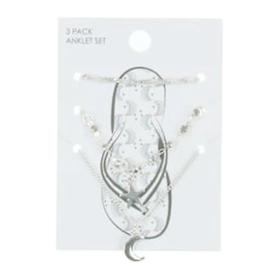 Moon & Star Silver Anklets Set 3-Count