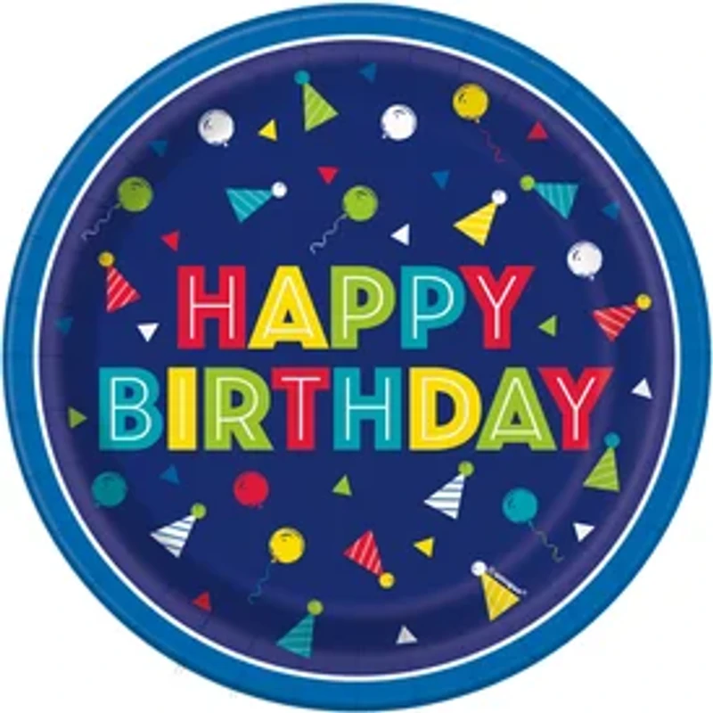 7in Paper Plates 8-Count - Blue Happy Birthday