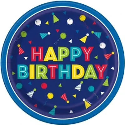 7in Paper Plates 8-Count - Blue Happy Birthday