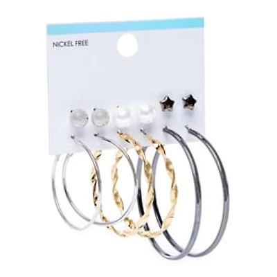 Mixed Metal Studs & Hoop Earrings Set, 6 Pairs