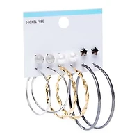 Mixed Metal Studs & Hoop Earrings Set, 6 Pairs