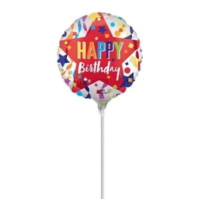 Happy Birthday Red Star Pre-Inflated Stick Balloon 9in