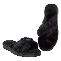 Ladies Cross-Strap Faux Fur Slippers