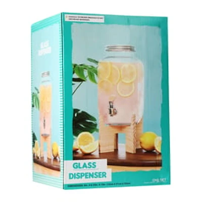 Glass Jar Drink Dispenser With Wooden Stand 13in