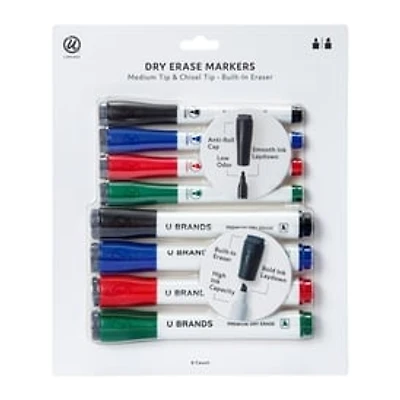U Brands® Dry Erase Markers Medium & Chisel Tip With Built-In Eraser 8-Count
