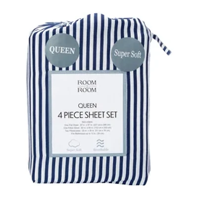 Queen Size 4-Piece Sheet Set - Navy Stripe