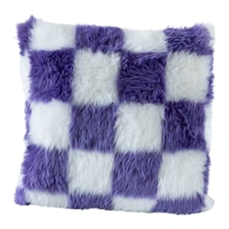 High Pile Faux Fur Pillow 16in - Purple Checkered