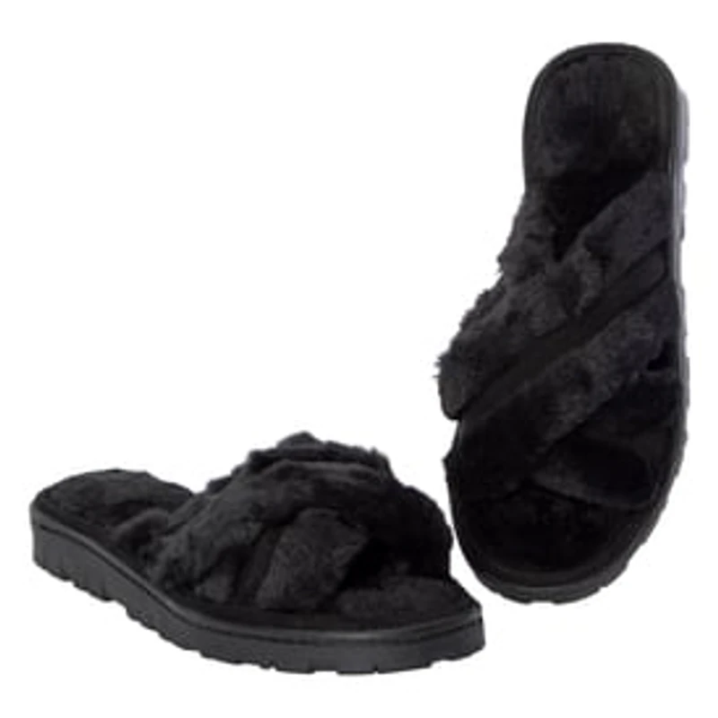 Ladies Cross-Strap Faux Fur Slippers