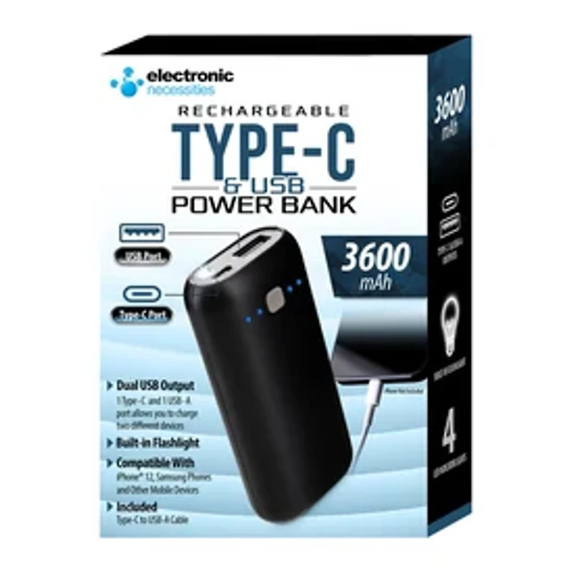 Dual Port USB & USB-C Power Bank 3600mAh With Flashlight