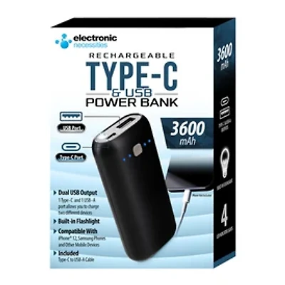 Dual Port USB & USB-C Power Bank 3600mAh With Flashlight