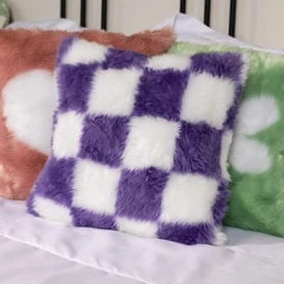 High Pile Faux Fur Pillow 16in - Purple Checkered