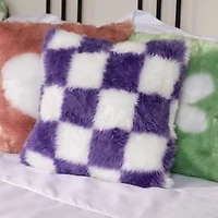High Pile Faux Fur Pillow 16in - Purple Checkered