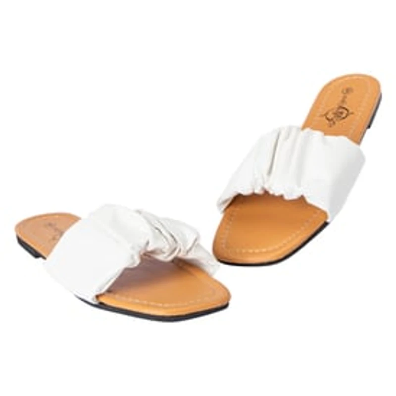 Ladies Scrunch Strap White Slide Sandals