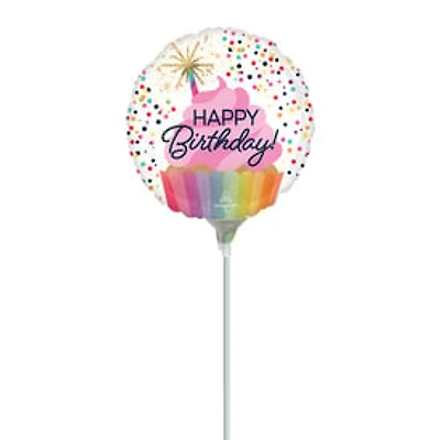 Happy Birthday Cupcake Sprinkles Pre-Inflated Stick Balloon 9in