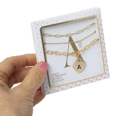 Gold Heart initial Bracelet Set 3-Piece