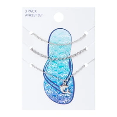 Silver Dolphin Charm Anklets Set 3-Count