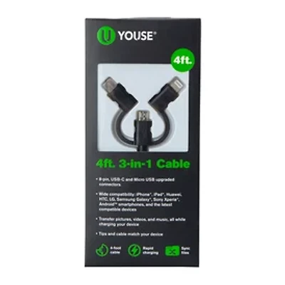 4ft 3-in-1 Charging Cable: 8-Pin, USB-C, Micro-USB