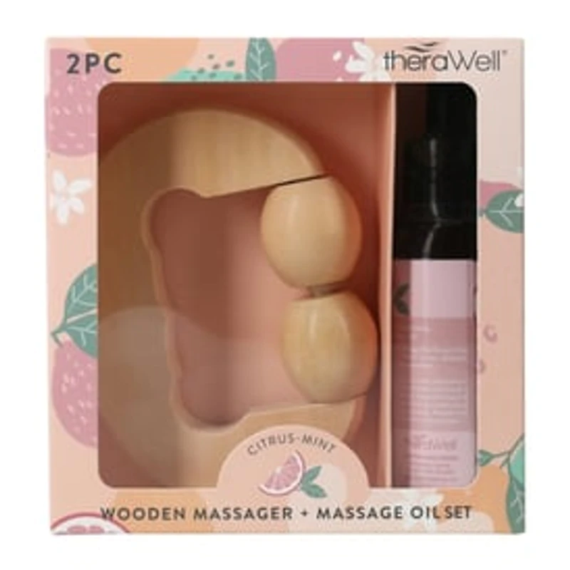 Therawell® Wooden Massager & Massage Oil Set 2-Piece