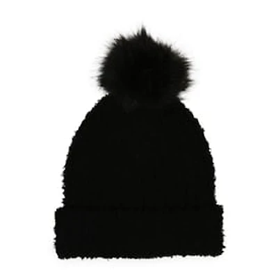 Fuzzy Knit Beanie Hat With Faux Fur Pom