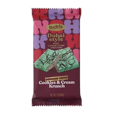Gudlife By Astor Chocolate Dubai Style Mint Confection Cookies & Cream Krunch Chocolate 3oz