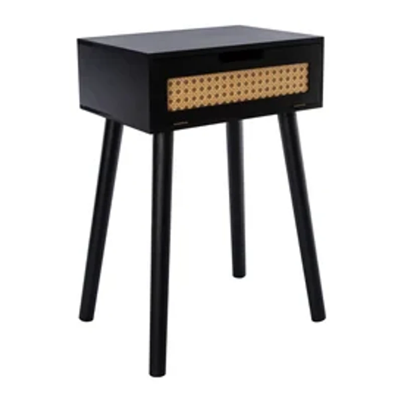Wooden Side Table With Rattan Cane Accent 20in x 13.58in