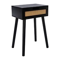Wooden Side Table With Rattan Cane Accent 20in x 13.58in