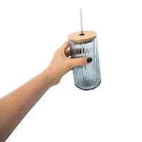 Ribbed Glass Tumbler With Bamboo Lid 20oz